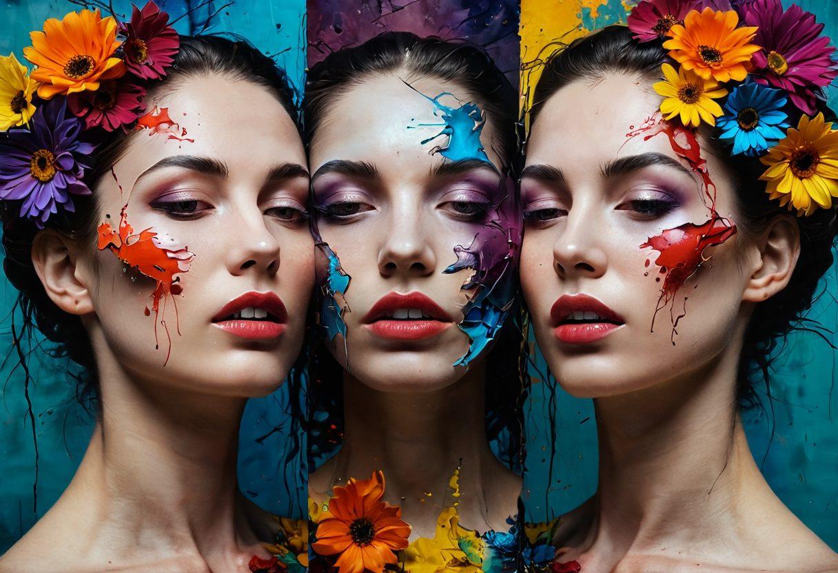 A hauntingly beautiful juxtaposition of emotion, featuring a split canvas: one side depicting dark, tortured faces expressing agony and the other side showing vibrant, euphoric figures in brilliant colors, symbolizing release and joy. In the background, merge shadows and light to illustrate transformation, with abstract textures blending the two emotions. Incorporate delicate elements of nature, like flowers blooming amidst the chaos, reflecting resilience. surrealist. vibrant colors. textured background.