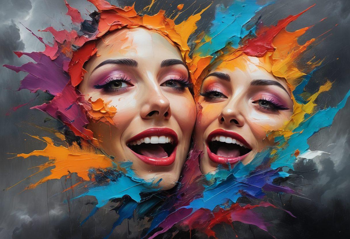 A hauntingly beautiful juxtaposition of joy and pain, featuring an artist's palette spilling vibrant colors contrasting with dark, jagged edges symbolizing suffering. Expressive faces merging laughter and tears, captured in an abstract composition. Ethereal light breaking through a stormy sky signifies hope amidst despair. A touch of surrealism to evoke deep emotion and intrigue. vibrant colors. abstract art. surrealistic.